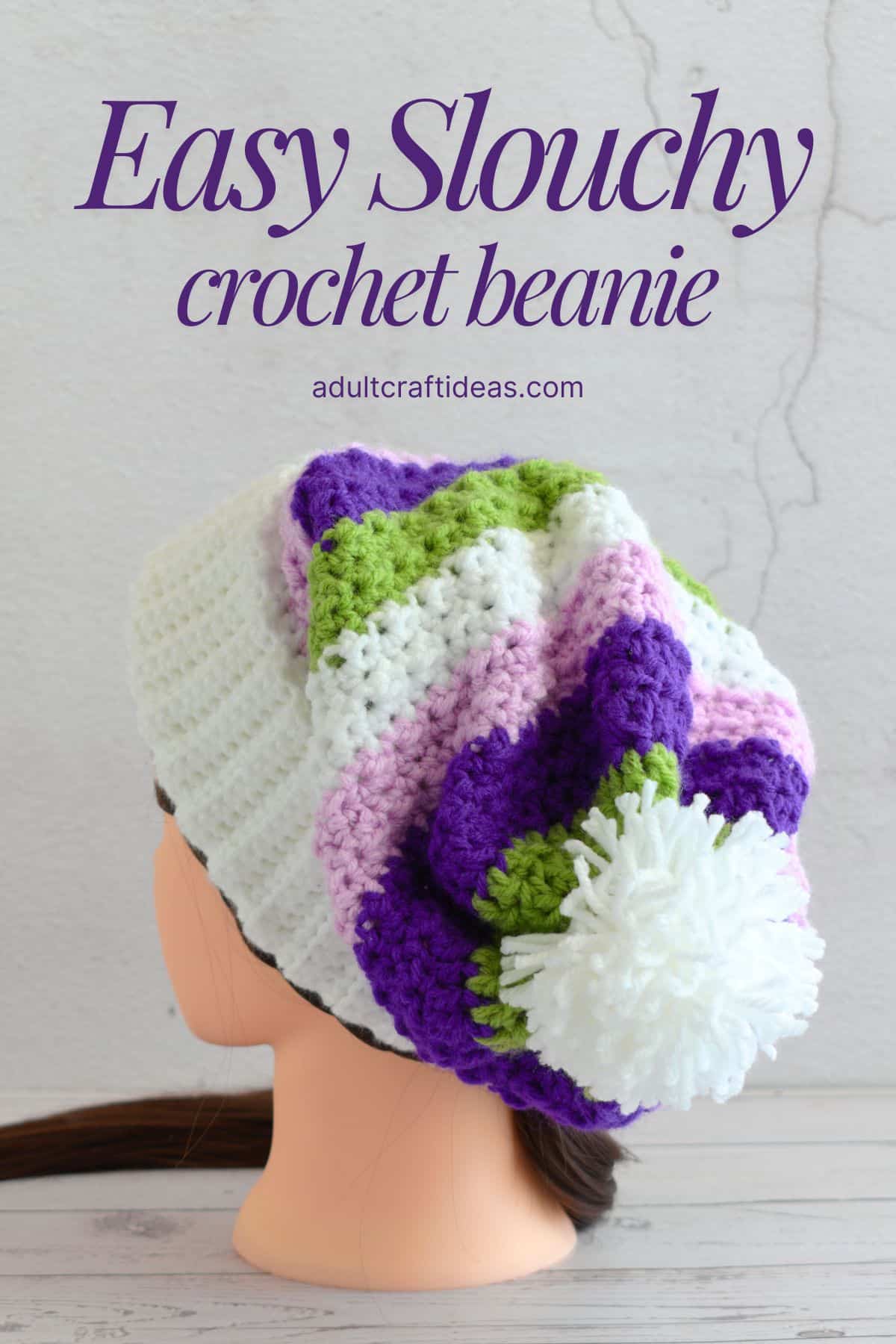 Back view of a slouchy crochet beanie.