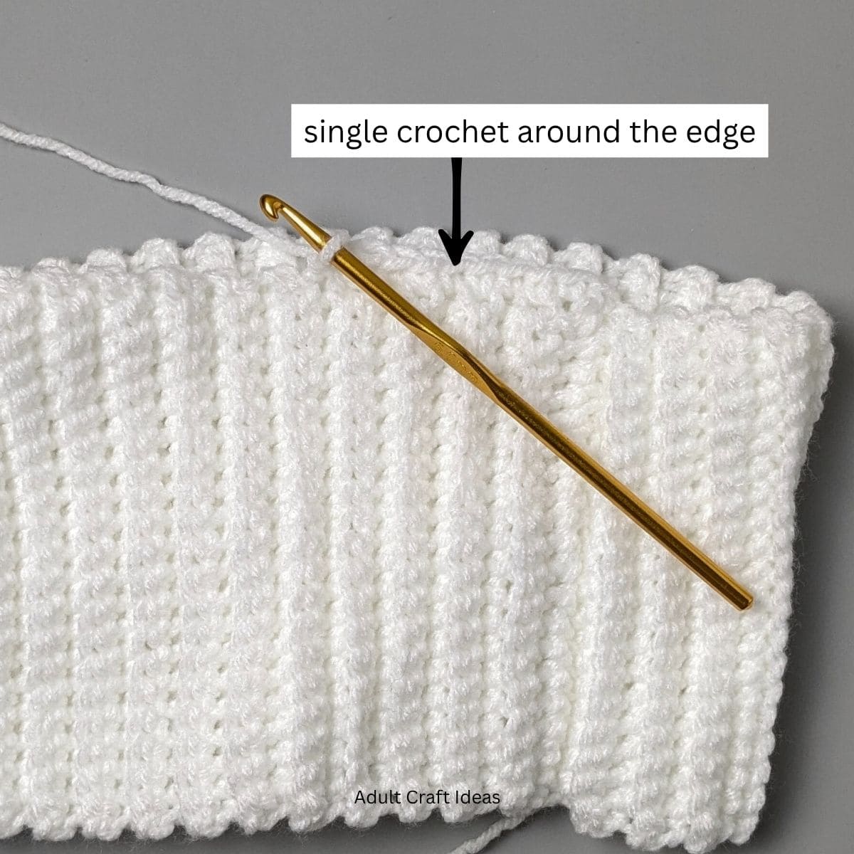 Single crochet stitches around a ribbed crochet band.