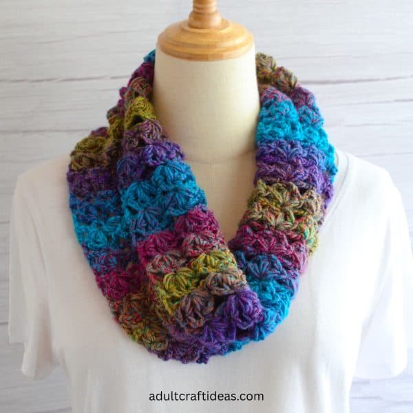 Multi colored crochet cowl.