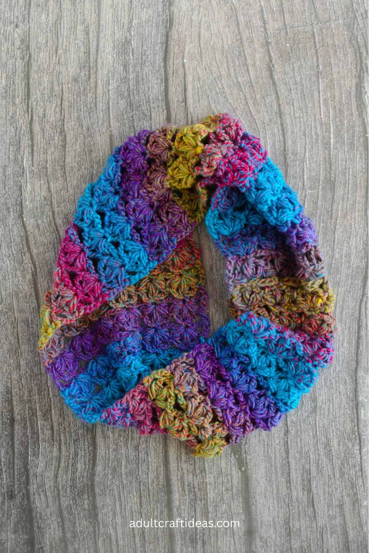 Top down view of a crochet cowl.