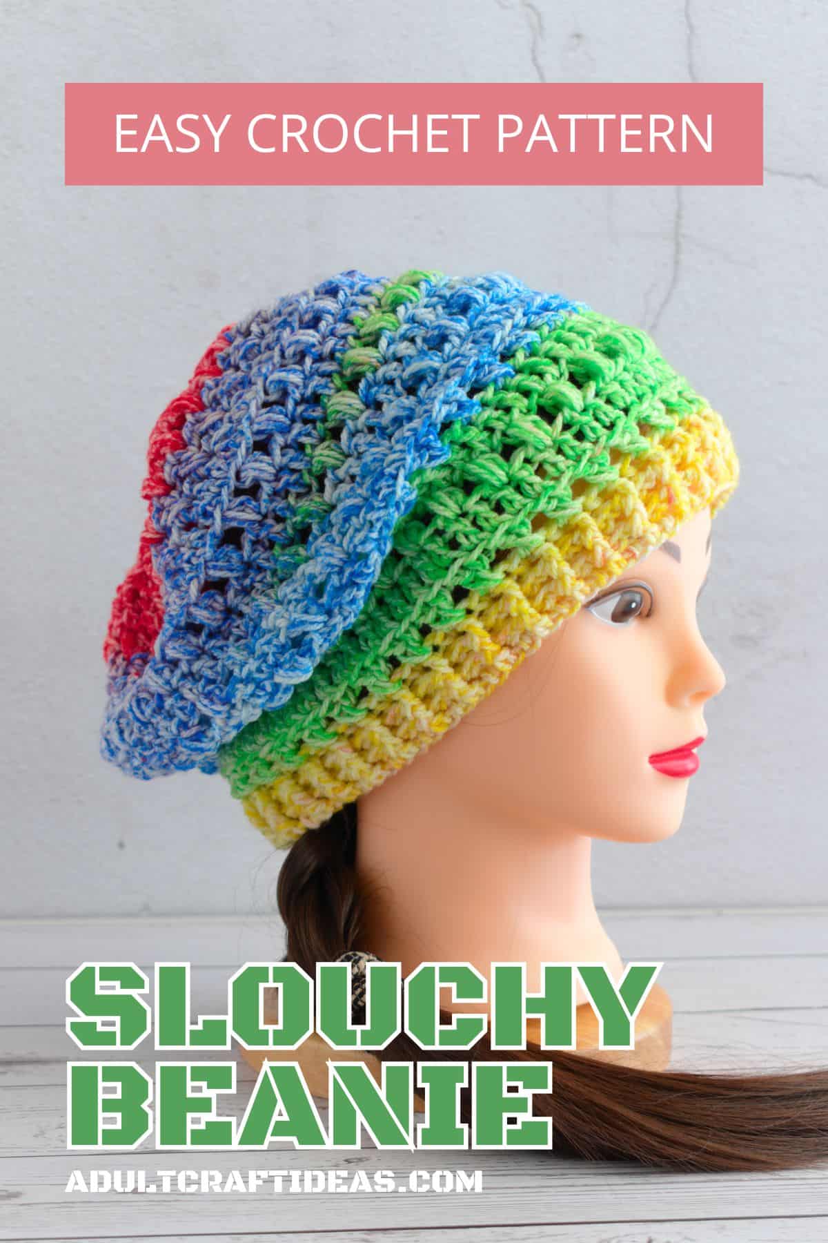 A multi colored slouchy crochet beanie.