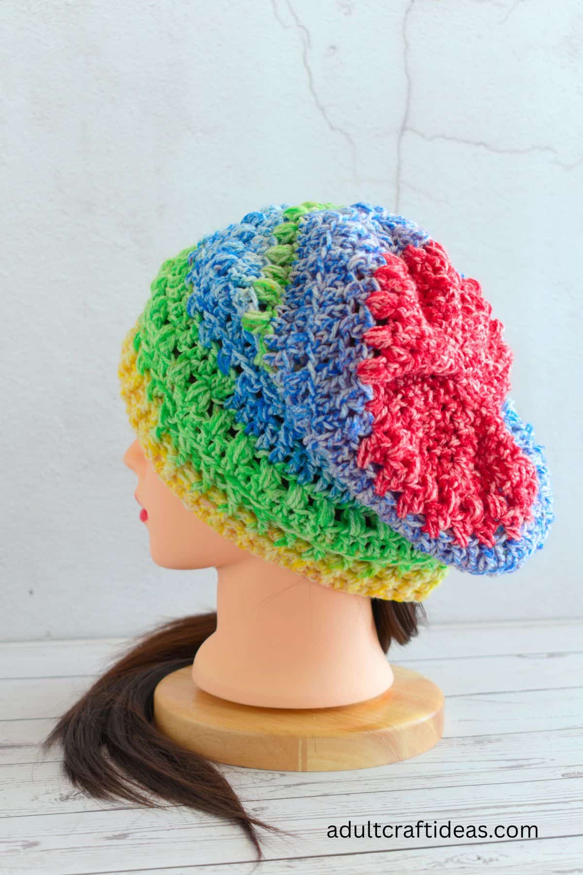 back view of a crochet slouchy beanie.