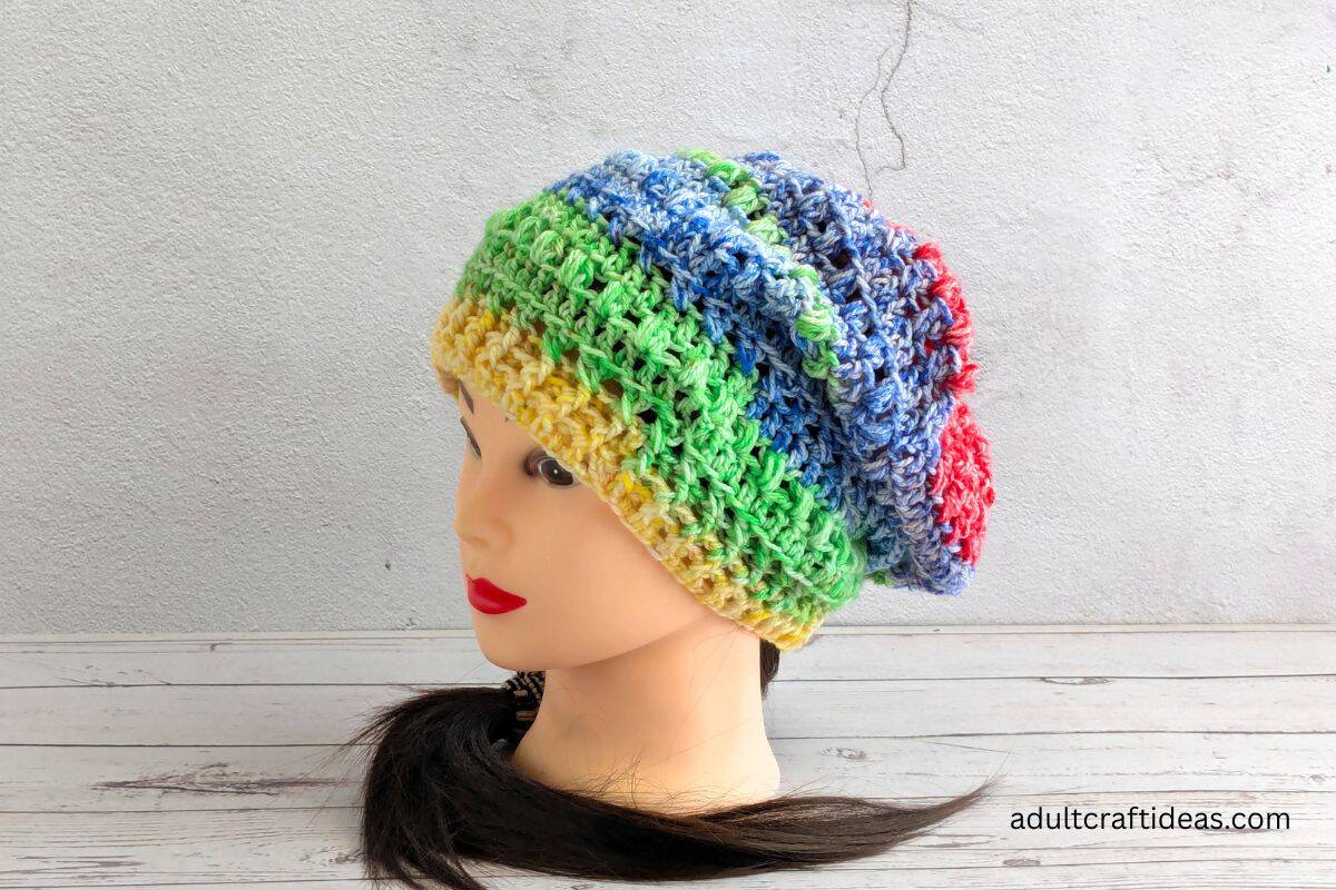 Side view of a crochet slouchy beanie.